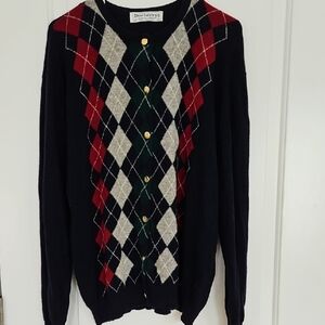 Burberry Navy Argyle Cardigan, Goldtone Buttons,‎ 100% Wool, Mens 44", Vtg.